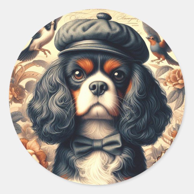 Sticker Rond Peinture Cavalier King Charles Spaniel (Devant)