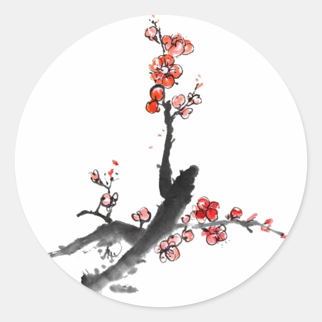 Sticker Rond Peinture chinoise de fleurs, fleurs de prune (Devant)