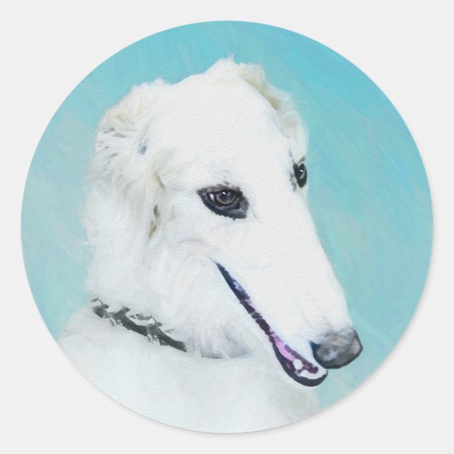 Sticker Rond Peinture de Borzoi (Blanc) - Joli Chien d'origine (Devant)