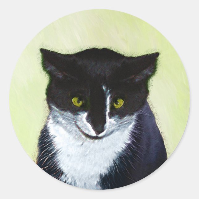 Sticker Rond Peinture de chat Tuxedo - Cute Original Cat Art (Devant)