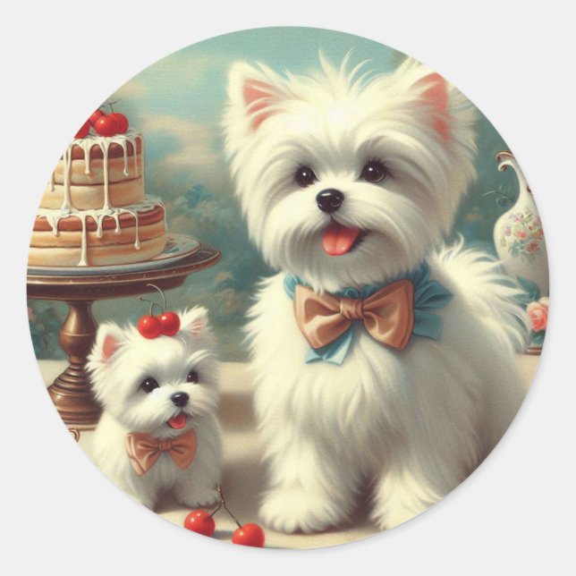 Sticker Rond Peinture de chiot maltais mignon (Devant)