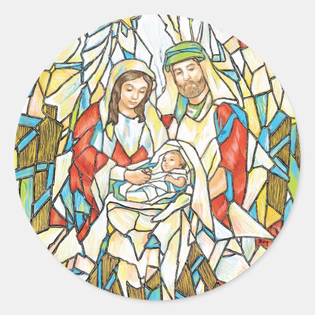 Sticker Rond Peinture de la nativité en verre tendu (Devant)