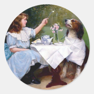 Sticker Rond Peinture de la table victorienne Girl and Pet Dog
