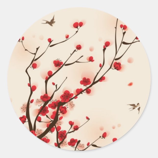Sticker Rond Peinture de style oriental, fleur de prune au prin (Devant)