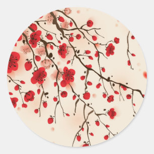 Sticker Rond Peinture de style oriental, fleur de prune au prin