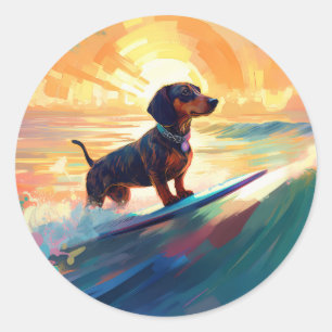 Sticker Rond Peinture de surf à la plage de teckel