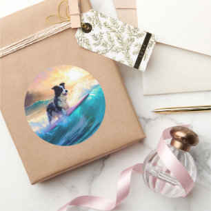 Sticker Rond Peinture de Surf sur Plage de Border Collie