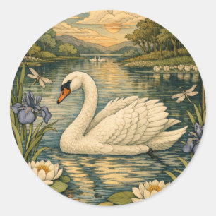 Sticker Rond Peinture élégante vintage aquarelle cygne blanc