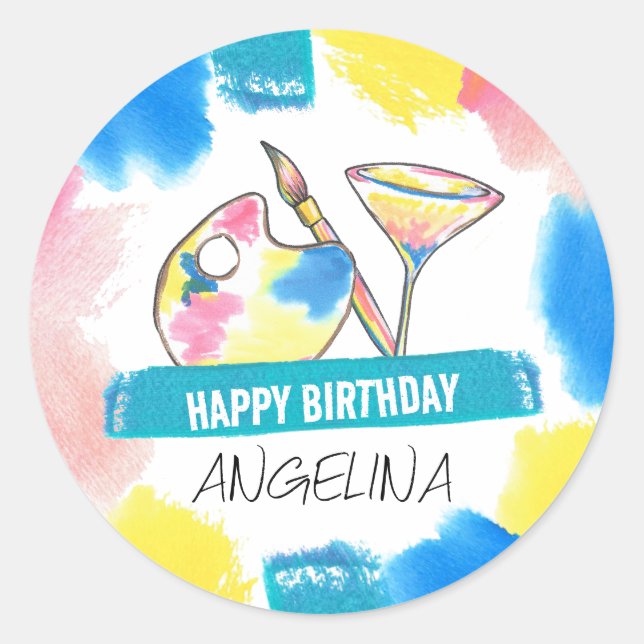 Sticker Rond Peinture et Sip Adulte Anniversaire Peinture et fê (Devant)