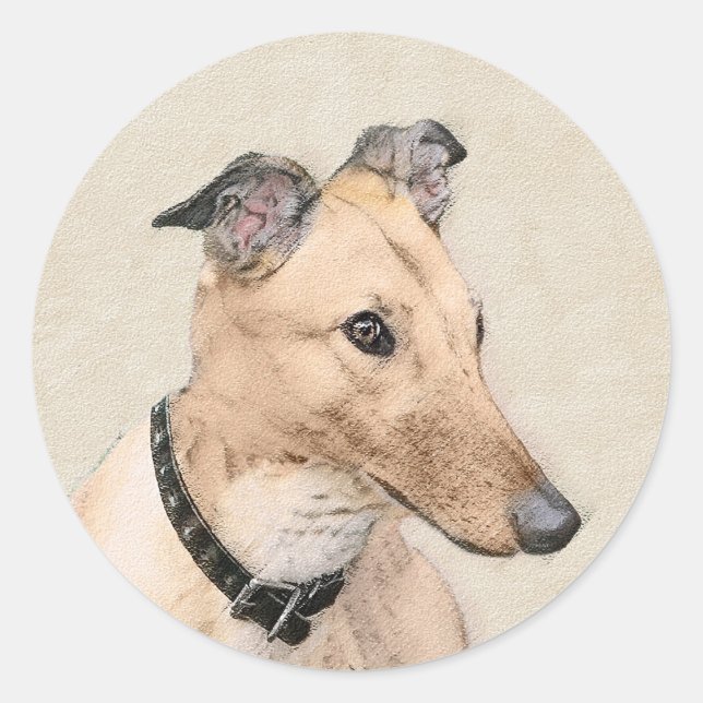 Sticker Rond Peinture Greyhound - Cute Original Chien Art (Devant)
