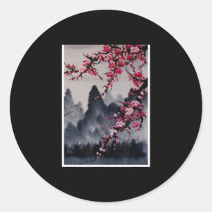Sticker Rond Peinture   Japon Art Cherry Blossom Mountain