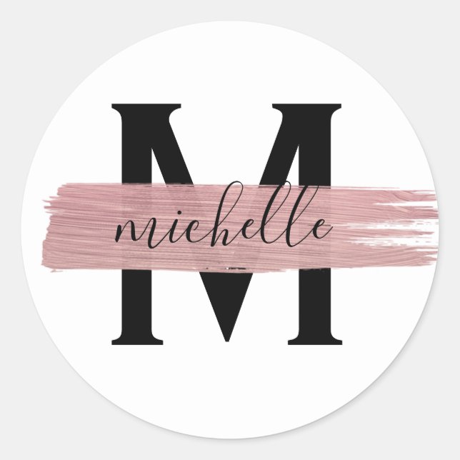 Sticker Rond Peinture or Rose moderne Monogramme classique Blan (Devant)