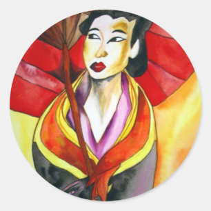 Sticker Rond peinture originale d'art Geisha