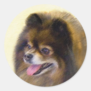 Sticker Rond Peinture Poméranienne Noir et Tan Art Chien origin