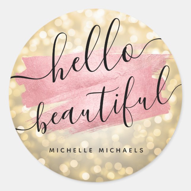 Sticker Rond Peinture rose or & Lumières or "Hello Beautity" (Devant)