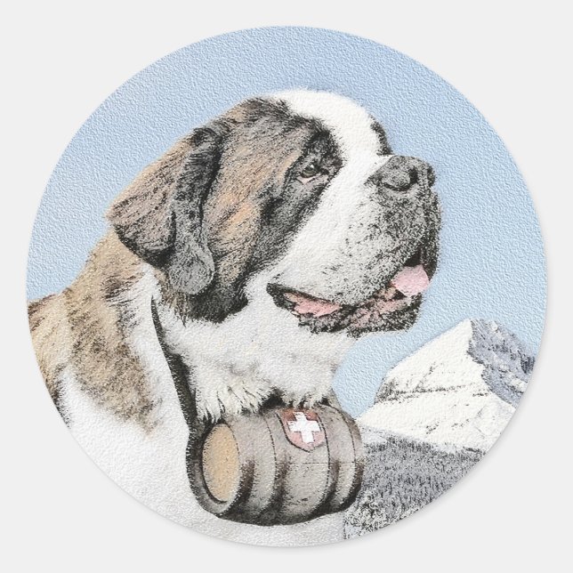 Sticker Rond Peinture Saint Bernard - Cute Original Chien Art (Devant)