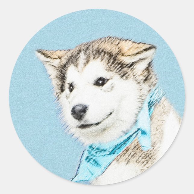 Sticker Rond Peinture Sibérienne Husky Puppy - Art Chien origin (Devant)