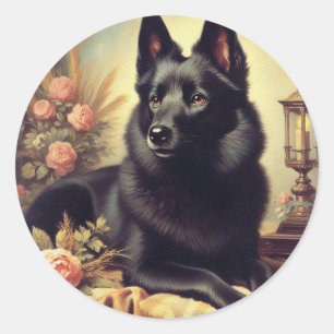 Sticker Rond Peinture vintage de Chien Schipperke