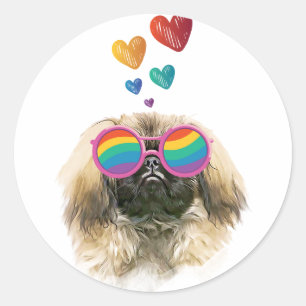 Sticker Rond Pekingese Dog with Hearts Saint-Valentin