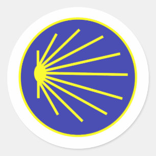 Sticker Rond Pèlerin Camino Saint Jacques jaune et bleu