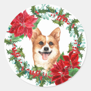 Sticker Rond Pembroke Corgi Poinsettia Holly Wreath