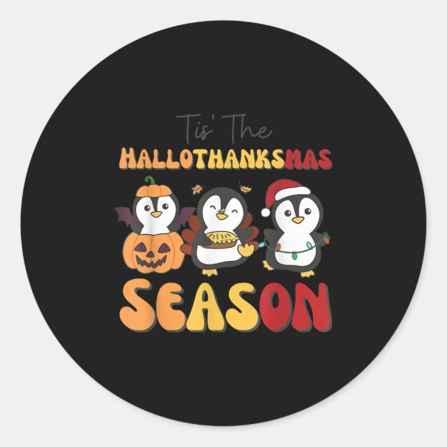 Sticker Rond Penguin Christmas Halloween Tis' The Hallothanksma (Devant)