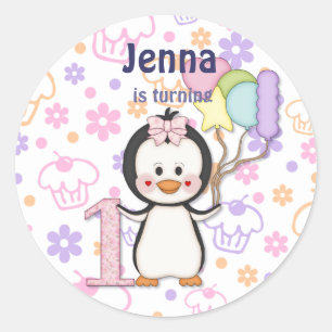 Sticker Rond Penguin Cutie - Première Fille Anniversaire
