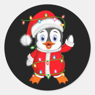 Sticker Rond Penguin Xmas Éclairage Père Noël Costume Penguin C