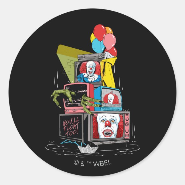 Sticker Rond Pennywise TV Stack classique - vous flotterez trop (Devant)