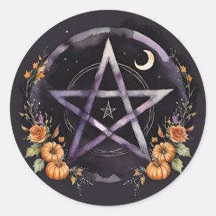 Sticker Rond Pentacle de Samhain et sorcière aux citrouilles d'