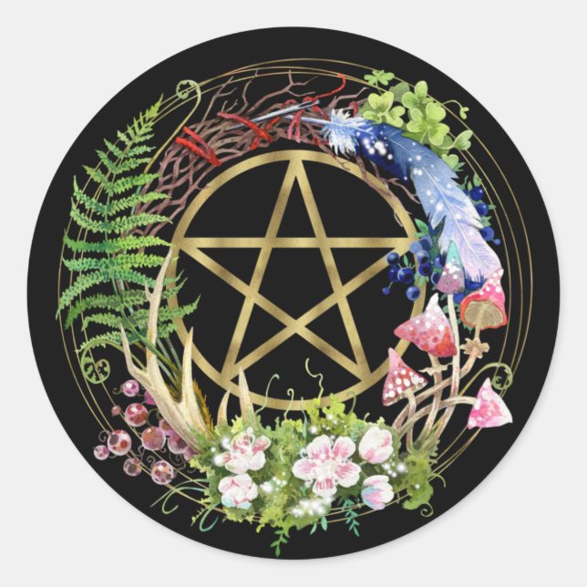 Sticker Rond Pentacle Or Nature Fleurs de couronnes Bohème (Devant)