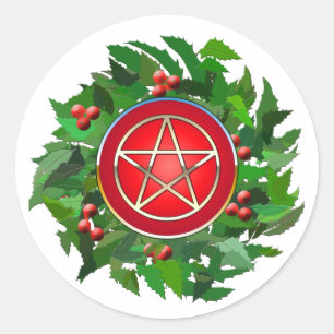 Sticker Rond Pentacle rouge sur couronne de houx