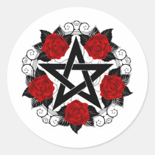 Sticker Rond Pentagramme aux roses rouges