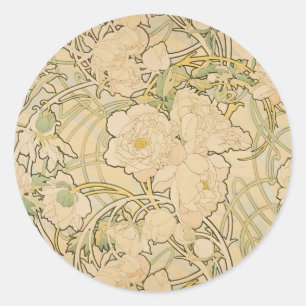 Sticker Rond Peonies d'Alphonse Mucha, Art Nouveau Vintage