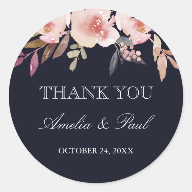 Sticker Rond Peonies de couleur d'eau rose Marine Mariage Merci (Devant)