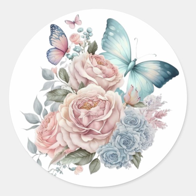 Sticker Rond Peonies de Punk et Mariage de papillons bleu Dusty (Devant)