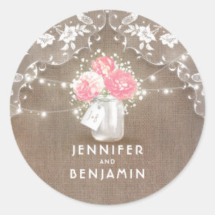 Sticker Rond Peonies et Baby's Breath Mason Jar Dentelle rustiq