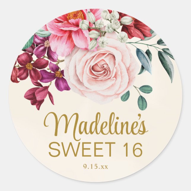 Sticker Rond Peonies roses Bourgogne Floral Feuilles doux 16 (Devant)