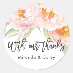 Sticker Rond Peonies roses luxuriantes Merci floral