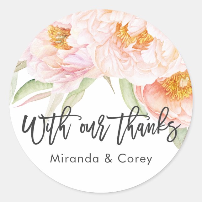 Sticker Rond Peonies roses luxuriantes Merci floral (Devant)