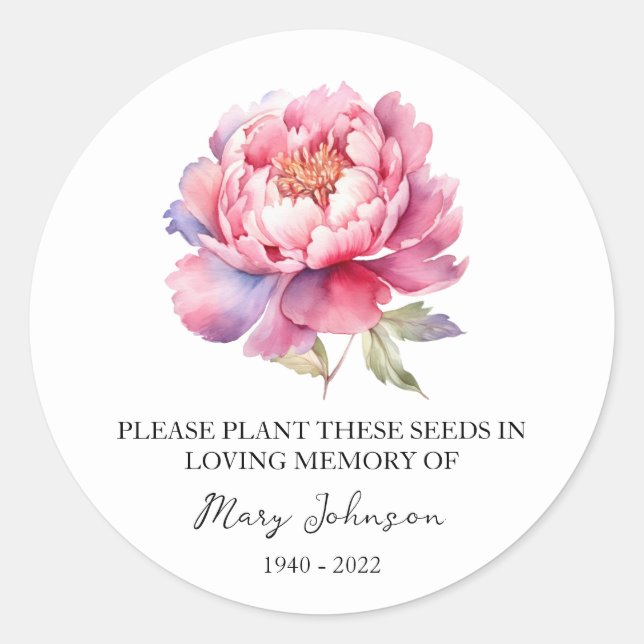 Sticker Rond Peony Memorial Funeral Seed Packet (Devant)