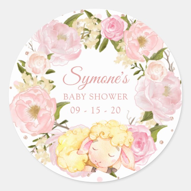 Sticker Rond Peony rose et Baby shower Polkadot agneau d'or Ros (Devant)