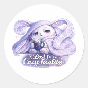 Sticker Rond Perdu dans la Réalité Douillette Lapin Mignon