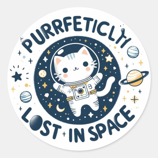 Sticker Rond Perdu dans l'espace astronaute de chat fait main (Devant)