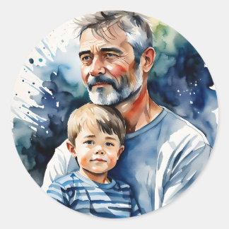 Sticker Rond Père et son aquarelle personnalisée