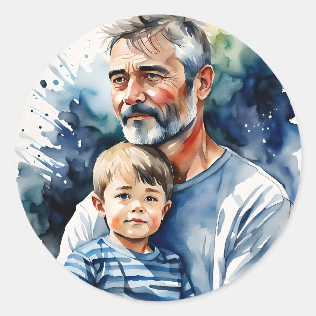 Sticker Rond Père et son aquarelle personnalisée (Devant)
