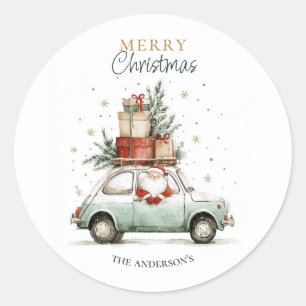 Sticker Rond Père Noël à l'aquarelle élégante Voiture Neige Joy