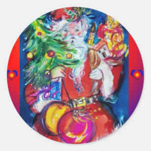 STICKER ROND PÈRE NOËL AVEC ARBRE DE NOËL ET CADEAUX