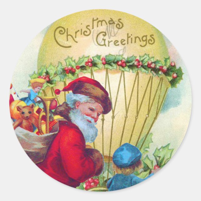 STICKER ROND PÈRE NOËL AVEC ENFANT, BALLON DE NOËL, HOLLYBERRIE (Devant)