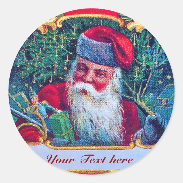 STICKER ROND PÈRE NOËL AVEC ENFANT DANS LA NEIGE D'HIVER (Devant)